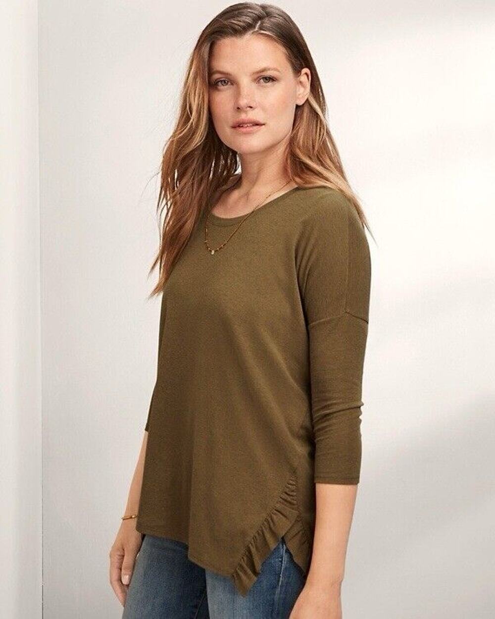 Garnet Hill Boxy Ruffle Blouse Oversized Olive Green Lagenlook Earthy Size S